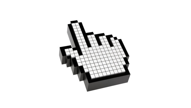 Pixelated hand cursor pointing, isolated on transparent background