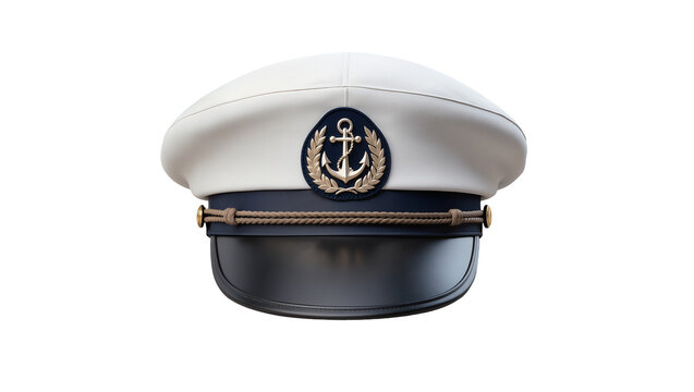 White captain s hat with navy band and anchor emblem, isolated on transparent background