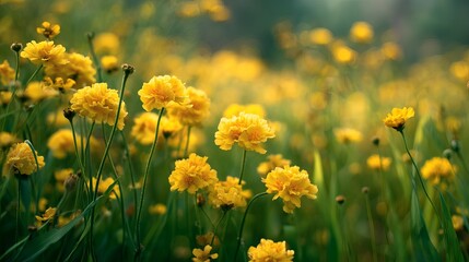 Obraz premium Beautiful yellow flowers growing in a sunny field during the warm and bright spring season