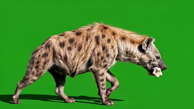 Hyena Walking While Carrying Food in Its Mouth Against a Green Screen Background
