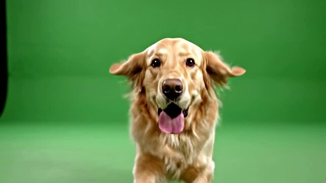 Joyful Golden Retriever Dog Running Towards Camera on Green Screen Background for Pet-Themed Video Projects