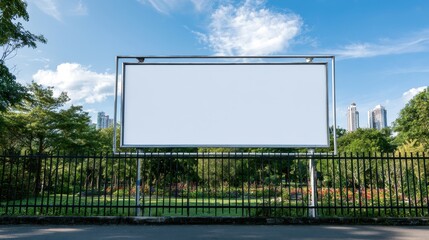 Obraz premium Blank white billboard sign with metal frame standing in front of a lush green city park with trees and high rise buildings under a bright blue sky on a sunny day