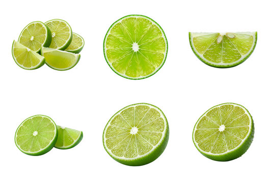 Lime slices and halves on white background