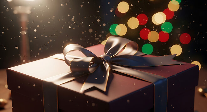 Gift box with silver bow on table at night
