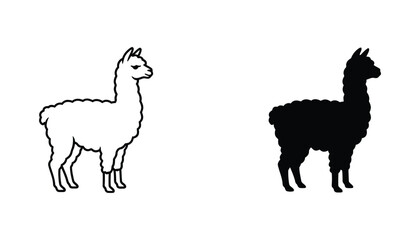 Minimalist llama icon set featuring both outline and solid black silhouette designs isolated on a clean white background for versatile creative use © Anna
