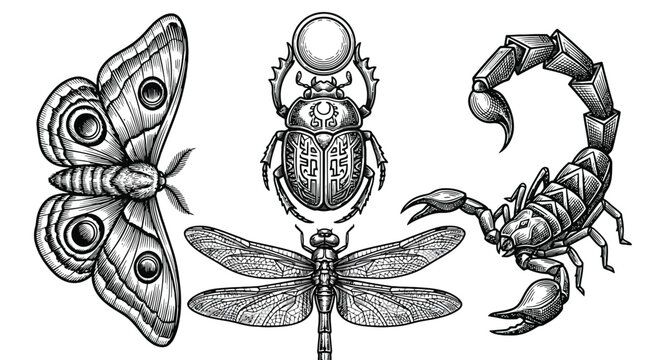 Arthropod Illustration Set Featuring Moth Beetle Dragonfly Scorpion.