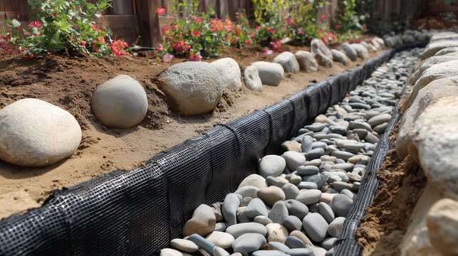 Trench with perforated pipe in gravel, landscape fabric, yard grading slope and decorative river rock for french drain installation.