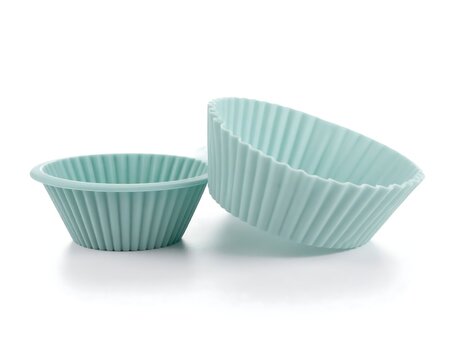 Pastel Blue Silicone Baking Cups Arranged on White Studio Background
