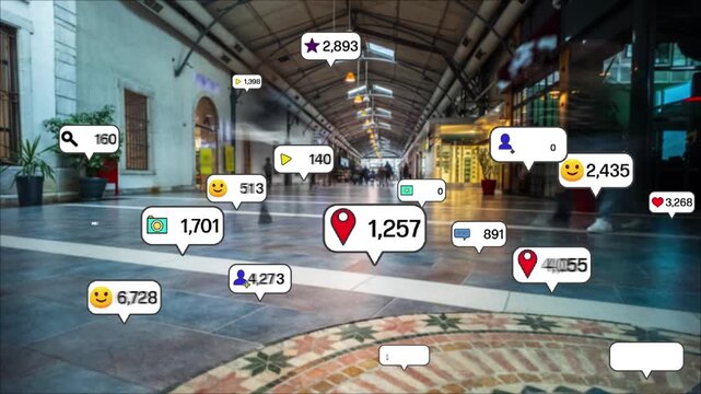 Social media icons fly over city downtown showing people engagement connection through social network application platform . Concept for online community and social media marketing strategy . High