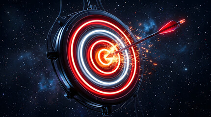 Fototapeta premium Neon target with arrow hitting the bullseye, symbolizing success, achievement, and precision in a dark, starry background