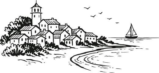 Obraz premium Vintage coastal village sketch, hand drawn mediterranean seaside town with lighthouse, old harbor landscape vector with sailboat and birds
