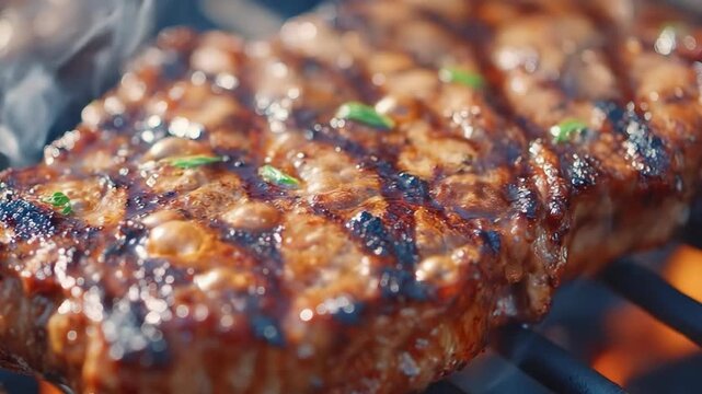 A high-detail macro shot of a juicy, thick-cut steak sizzling on a grill. The meat features prominent charred grill marks, a glistening caramelised surface with bubbling juices