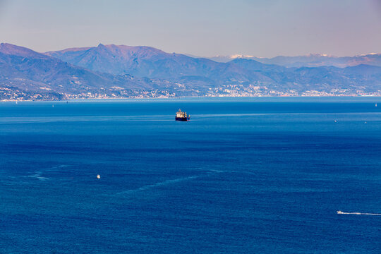 Aerial panoramic view of the coast of Vado Ligure, an Italian municipality, province of Savona in Liguria. Riviera dei Fiori. Seaside resort.