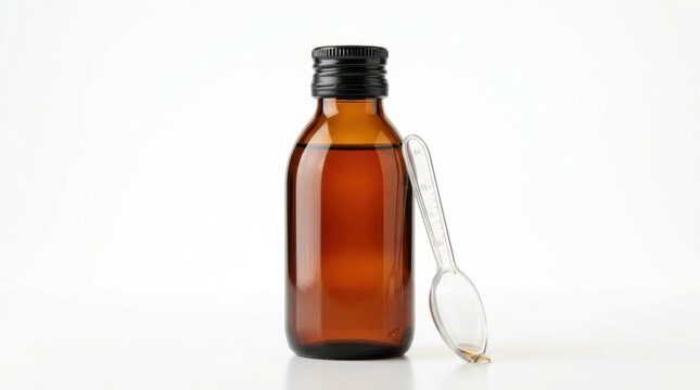 Amber Medicine Bottle with Measuring Spoon on White
