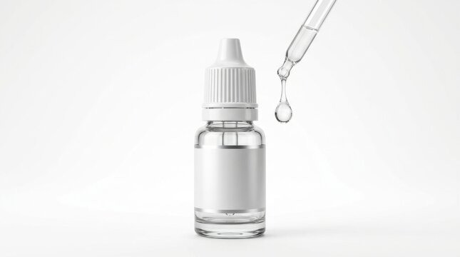Glass Dropper Bottle with Blank Label on White Background
