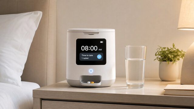 Smart pill dispenser with digital display and notification on a bedside table, ensuring medication adherence for independent senior living.