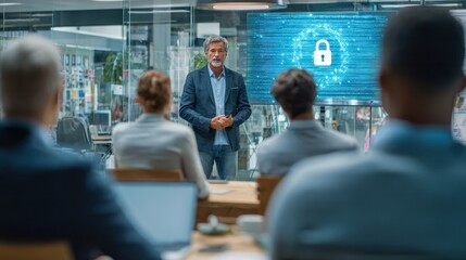 Fototapeta premium Cybersecurity Briefing: An engaging presentation focusing on digital security. A knowledgeable presenter stands confidently before a diverse group.