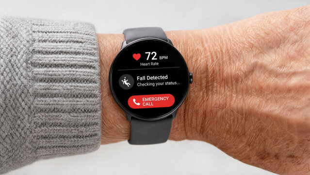 Close-up of a senior person wearing a smartwatch with fall detection and emergency call features, representing safety technology for the elderly.
