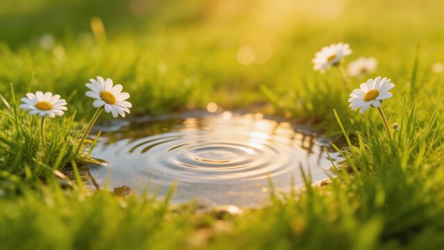 Daisies in Grass Near Water Pool
