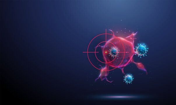 3d tumor under target crosshair with viruses around. Oncolytic virotherapy, targeted cancer treatment, selective tumor destruction, viral therapy, precision oncology concept