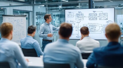 Fototapeta premium Strategic Presentation: A focused presenter leads a brainstorming session, sharing strategic insights with an attentive audience in a modern office environment.