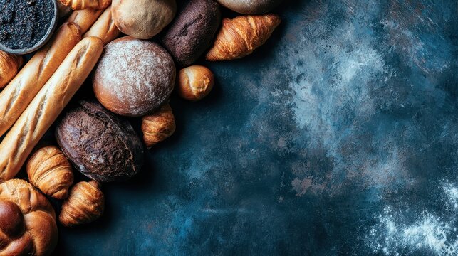 Assorted fresh artisan bread loaves and golden croissants arranged on a dark rustic textured background with flour dusting in a top down flat lay photography composition