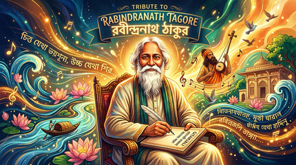 Fototapeta premium Creative typography artwork spelling “Tagore Jayanti”, ink splatter background, artistic literary festival theme