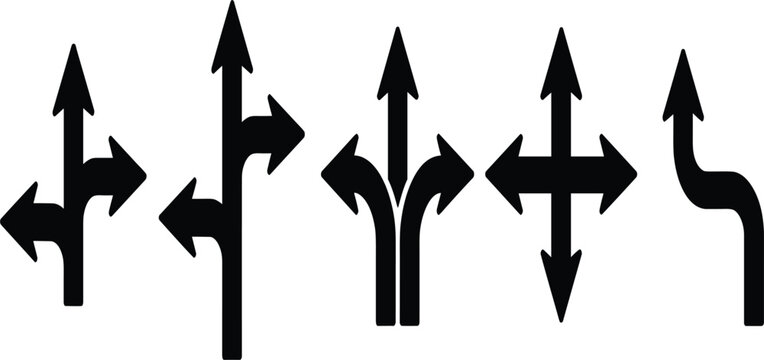 Set of black road direction arrow silhouettes, traffic navigation symbols and junction turn signs isolated on white background