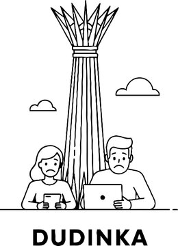 Sad Couple with Devices Near Dudinka Monument
