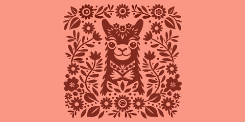 llama profile illustration with floral pattern on pink background © BelaRani