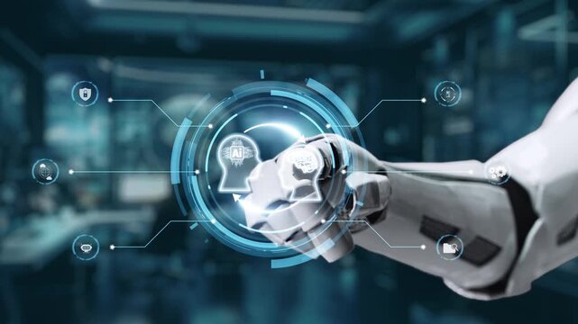 A robotic hand engages with a holographic brain interface, showcasing advanced technology in a modern workspace. This video represents innovation, automation, and communication. Auvana