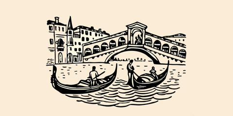 venice canal black ink sketch with gondolas and bridge © BelaRani