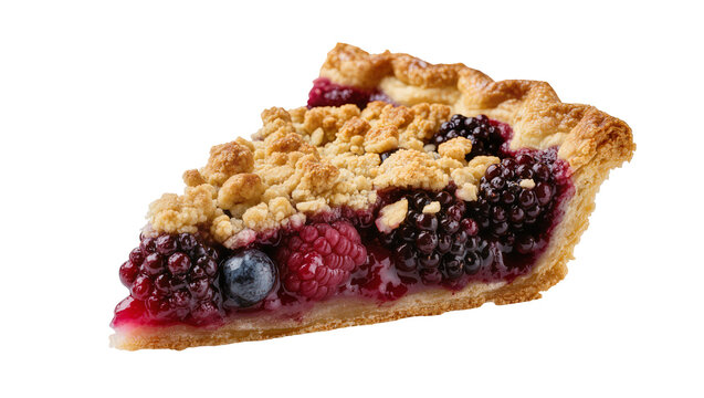 Golden brown crumble topping on a mixed berry pie slice, isolated on transparent background