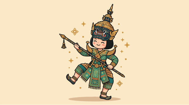 Cartoon Thai warrior child in traditional costume holding sword and shield