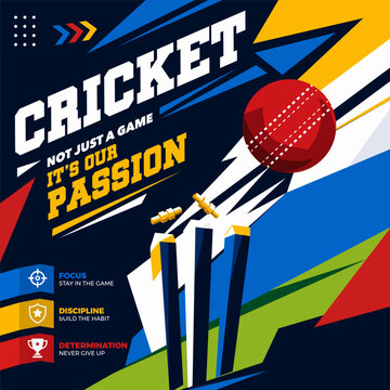 Dynamic cricket poster design with bold typography and energetic sports theme.