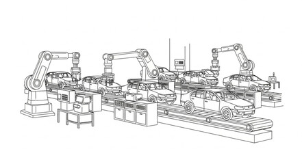 Obraz premium Robotic assembly line manufacturing cars with three robotic arms in a factory