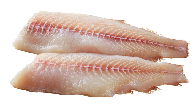 Two raw cod fish fillets with visible red pin bones, isolated on transparent background