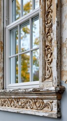 Obraz premium Ornate window frame with peeling paint and wood carvings