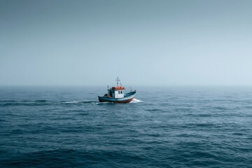 Obraz premium Fishing boat navigating calm sea on foggy day