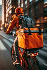 Obraz premium Courier delivering food by bicycle in city street