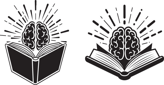 Black and white illustration of a brain emerging from an open book with rays of light on isolated white background