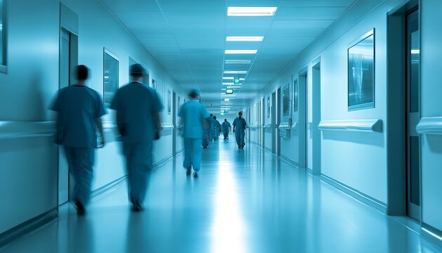 Blurry Hospital Ambience with Healthcare Perspective and Med Staff Passing Through Corridor