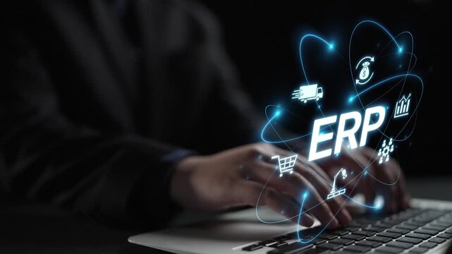 ERP platform visual showing centralized system for enterprise resource planning, improving integration, data flow, business efficiency, finance, inventory, and human resources. Muxer