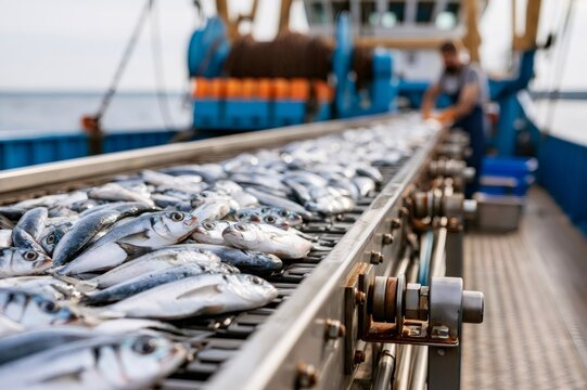 Industrial fishing trawler sorting fresh fish on conveyor belt
