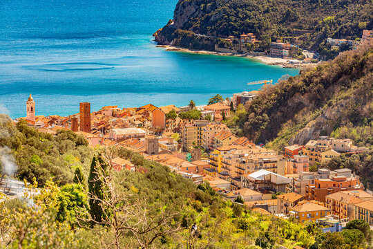  Aerial panoramic view of Noli, Liguria, province of Savona, Italy. Riviera dei Fiori. Fishermen's Beach. Maritime Republic