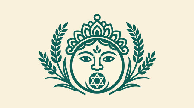Green logo of a woman's face with a star symbol and laurel leaves on a beige background