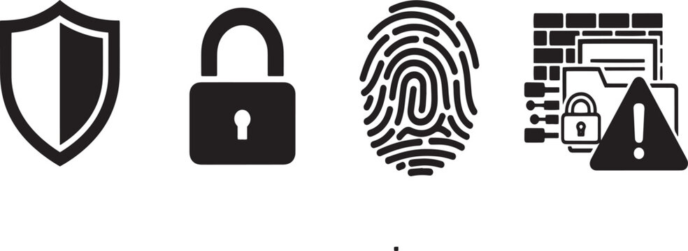 Cybersecurity and Biometric Authentication Icon Set for Network Firewall, Data Privacy Protection, and Identity Verification Black Vector