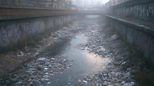 Narrow canal with graffiti on the walls on both sides. the canal is filled with garbage and trash, and the water is murky and murky.