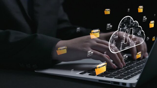 A woman works on a laptop, engaging with digital cloud storage concepts. File icons surround her, emphasizing modern data management and technology solutions. Qubit