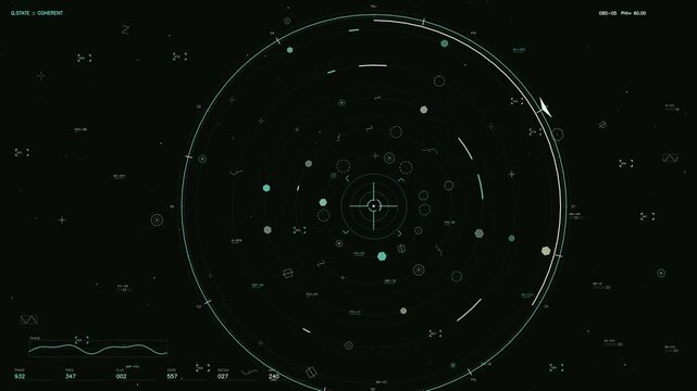 A sophisticated head up display featuring a central targeting reticle surrounded by rotating concentric rings and geometric data markers. The interface includes real time telemetry readouts such as ph